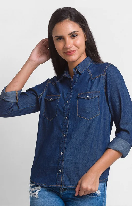 Spykar Mid Blue Cotton Full Sleeve Denim Shirts For Women Trendy Floral Short Sleeve