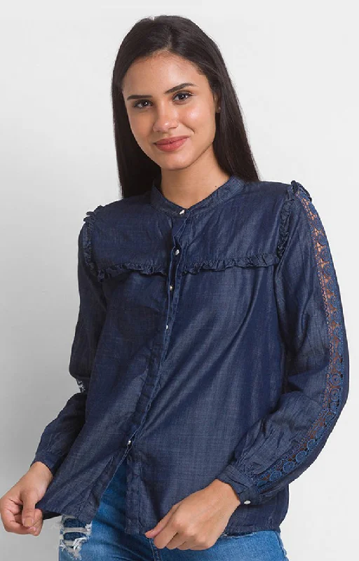 Spykar Mid Blue Cotton Full Sleeve Denim Shirts For Women Classic Solid Short Shirt