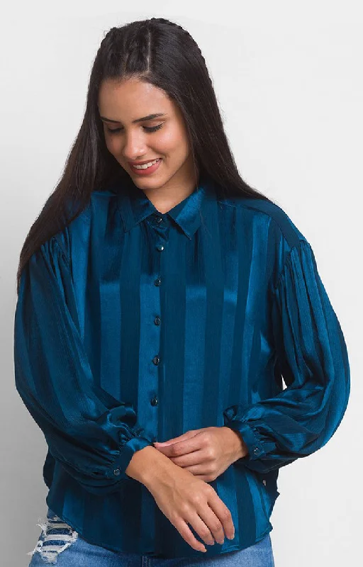 Spykar Teal Polyester Full Sleeve Stripes Shirt For Women Classic Basic Short Shirt