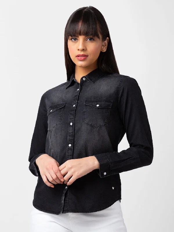 Spykar Women Black Cotton Regular Fit Denim Shirts Cozy Cotton Short Tee