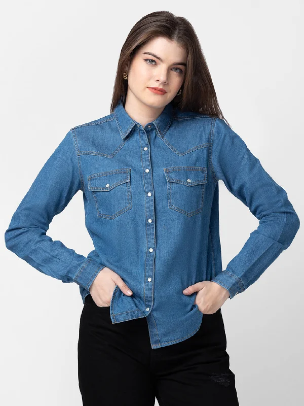 Spykar Women Mid Blue Cotton Slim Fit Denim Shirts Soft Flowing Short Shirt