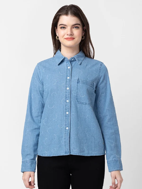 Spykar Women Light Blue Cotton Slim Fit Denim Shirts Modern Fit Short Sleeve