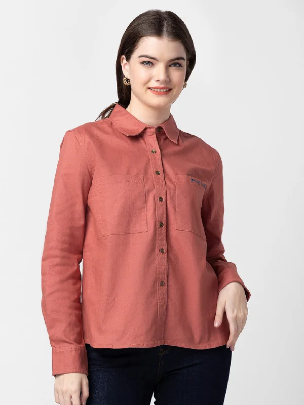 Spykar Women Brick Red Cotton Slim Fit Plain Shirts Fashionable Pleated Short Shirt