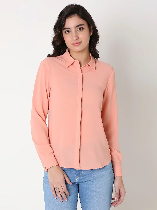 Spykar Women Coral Long Sleeves Shirt Elegant Longline Short Shirt