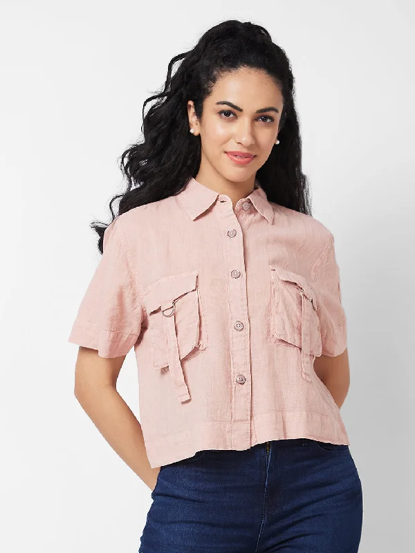 Spykar PINK Solid Shirt For Women Elegant Lace Short Sleeve