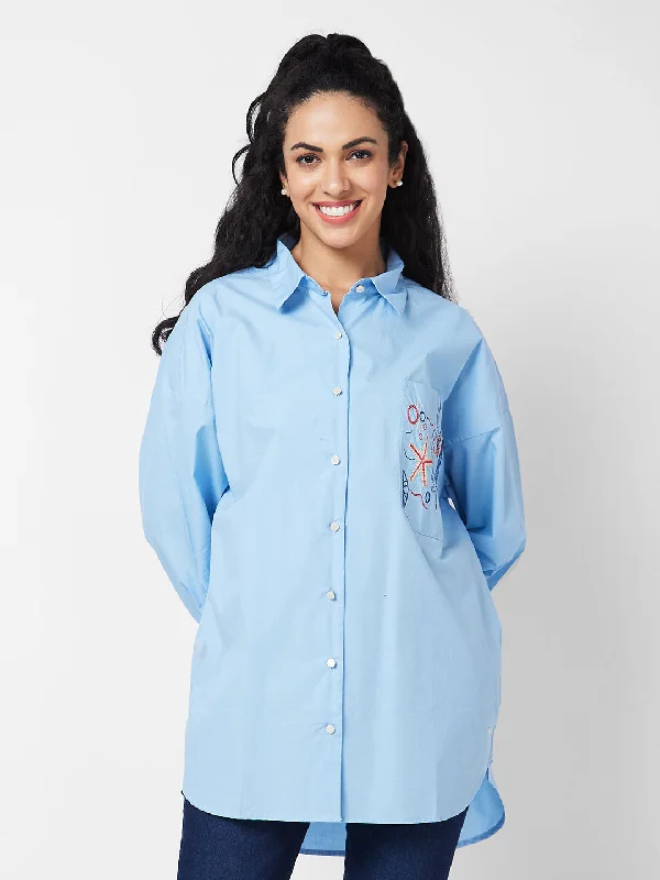 Spykar Blue Solid Shirt For Women Casual Oversized Short Shirt