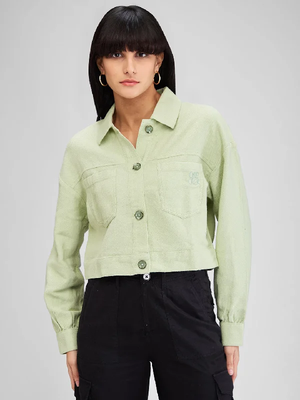 Spykar Green Boxy Fit Solid Full Sleeves Shirt For Women Fashionable Tied Short Sleeve