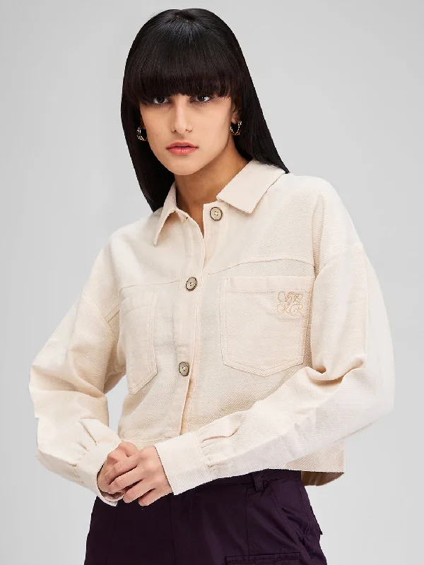 Spykar White Boxy Fit Solid Full Sleeves Shirt For Women Casual Ruffle Short Shirt