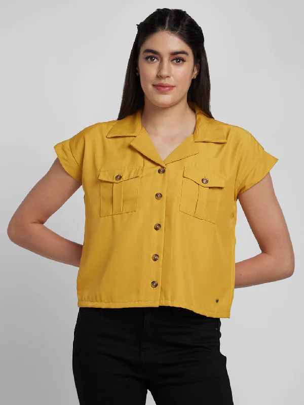 Spykar Women Ochre Yellow Cotton Slim Fit Cap Sleeve Denim Shirts Fashionable Short Sleeve Shirt