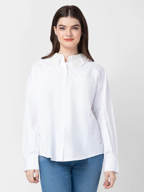 Spykar Women White Cotton Regular Fit Plain Shirts Elegant Longline Short Shirt