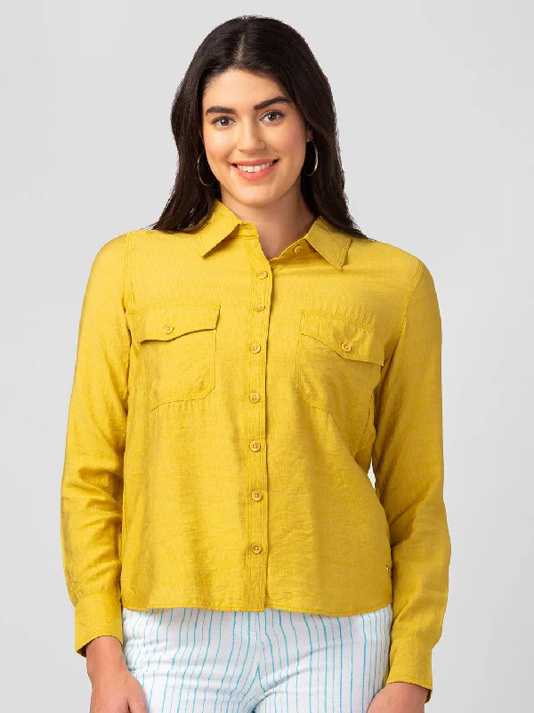 Spykar Women Mustard Polyester Regular Fit Plain Shirts Modern Short Sleeve Top