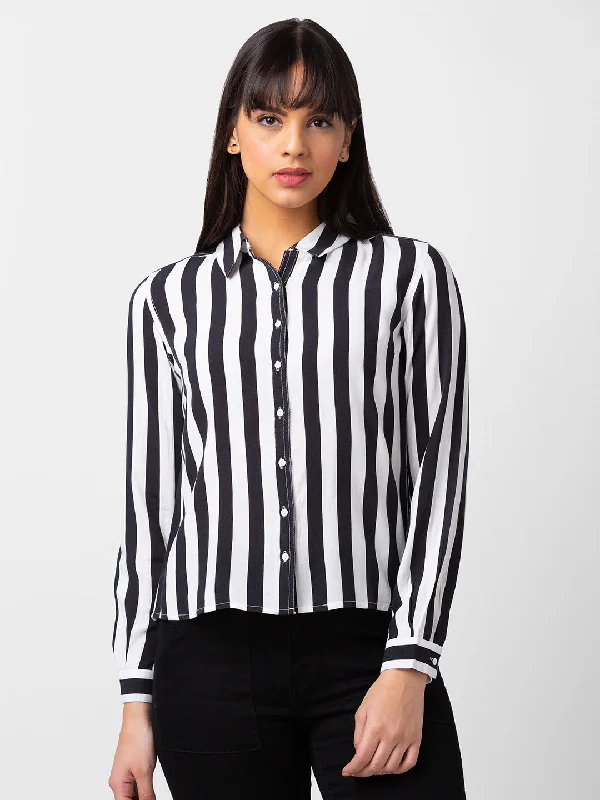 Spykar Women Black Reyon Regular Fit Striped Shirts Soft Cotton Short Tee