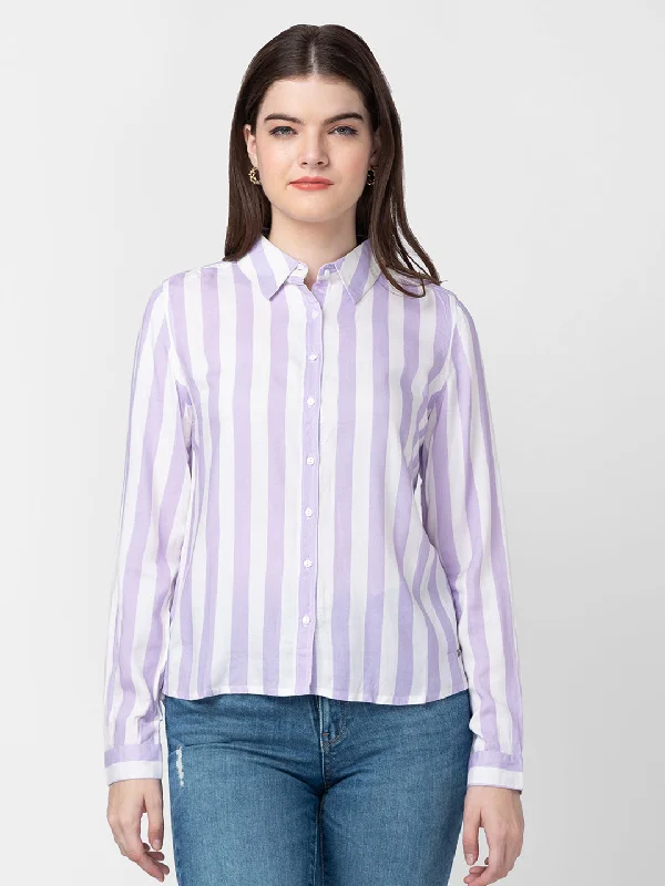 Spykar Women Lilac Cotton Slim Fit Striped Shirts Classic Short Sleeve Blouse