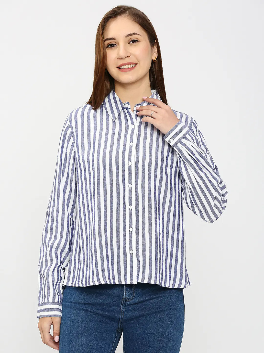 Spykar Women Blue Cotton Regular Fit Striped Shirts Classic Cropped Short Sleeve