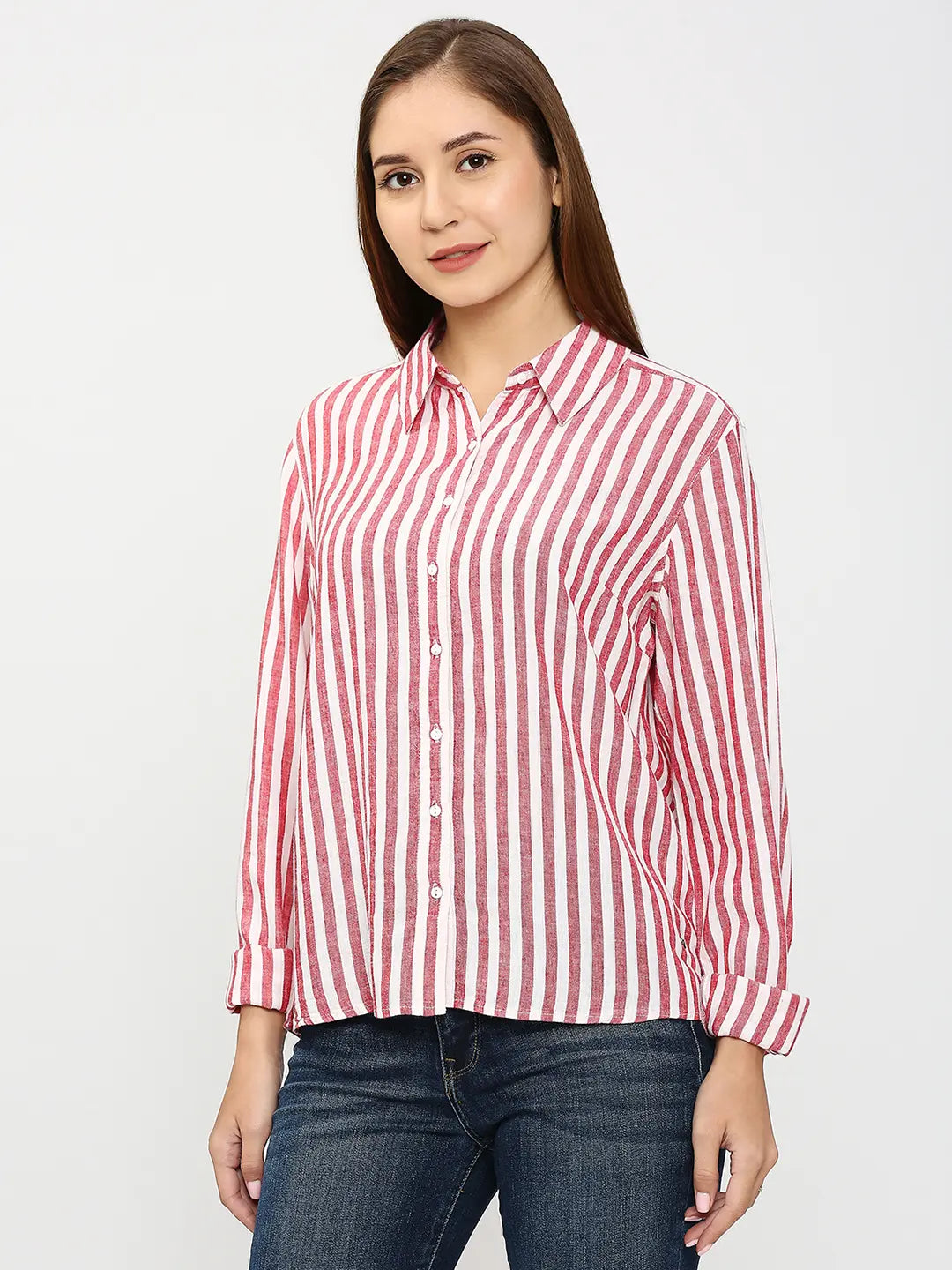 Spykar Women Red Cotton Regular Fit Striped Shirts Stylish Short Sleeve Top