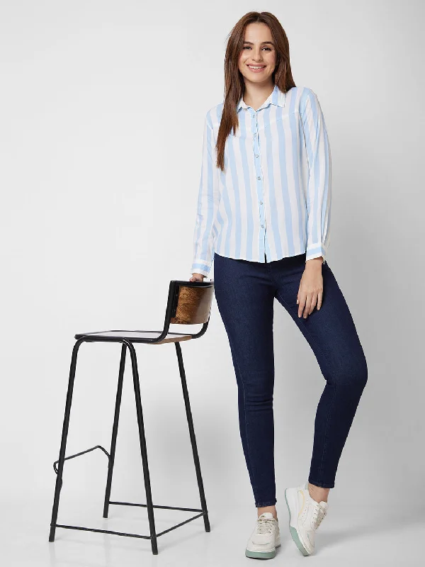 Spykar Full Sleeve Striped Blue Shirt For Women Elegant Longline Short Shirt