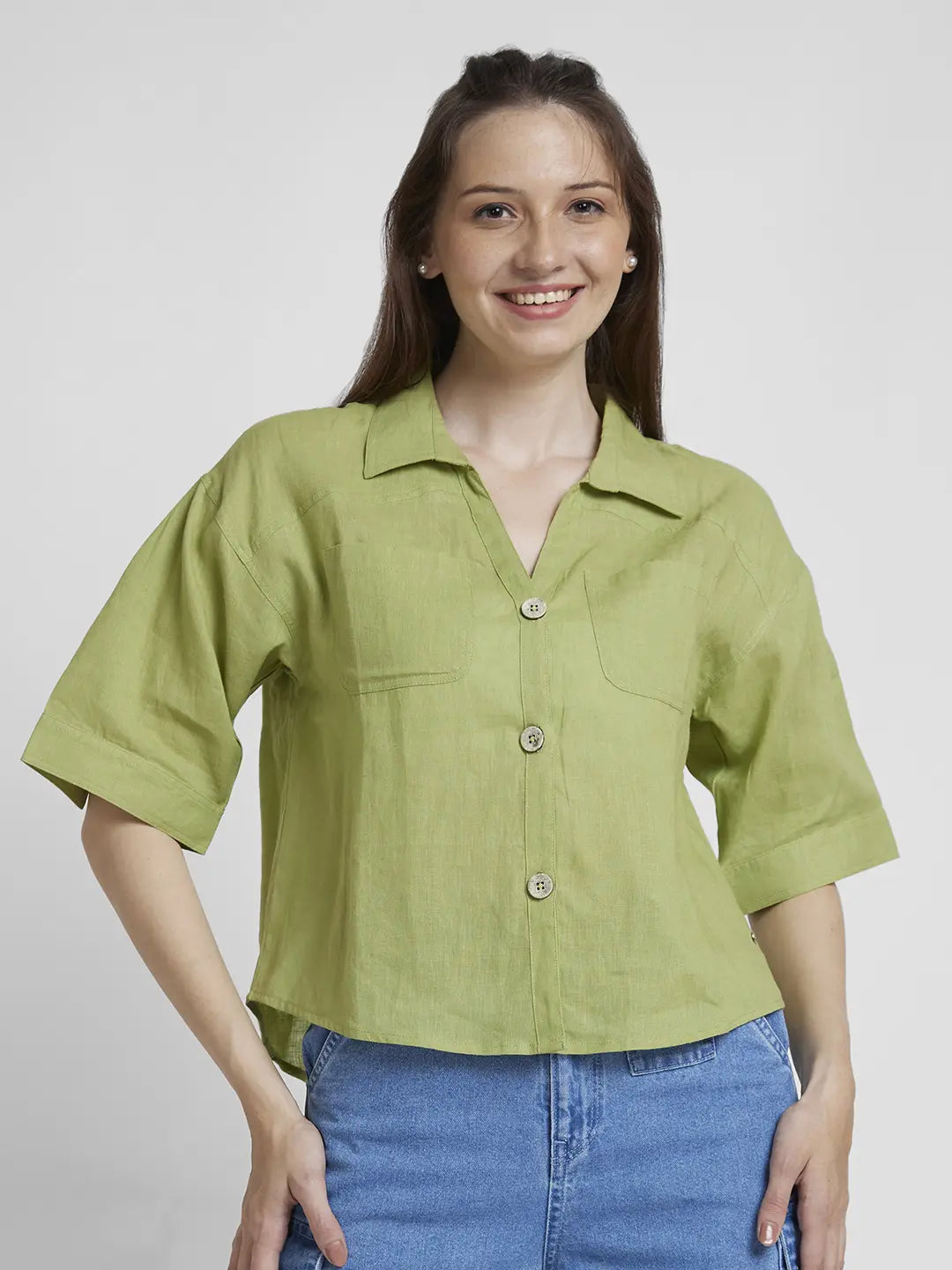 Spykar Women Bay Leaf Viscose Linen Slim Fit Half Sleeve Plain Crop Shirt Casual Slouchy Short Sleeve