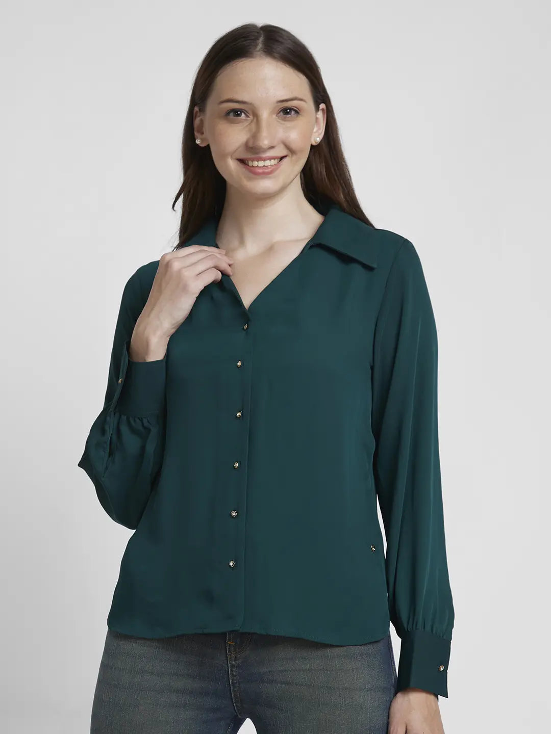 Spykar Women Dark Green Polyester Regular Fit Full Sleeve Plain Shirt Stylish Pleated Short Sleeve