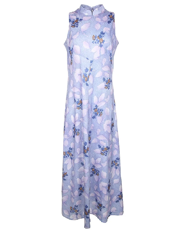 1970's Blue Floral Patterned Sleeveless Maxi Dress - M Comfortable Bohemian Maxi Dress