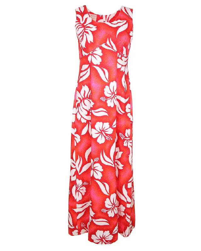 1970's Red And White Patterned Hawaiian Maxi Dress - S Stylish Maxi Dress with Pleats