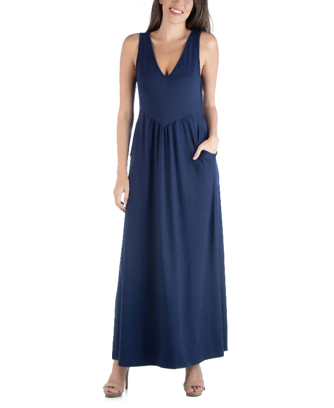 24seven Comfort Apparel Sleeveless V Neck Maxi Dress With Pocket Detail Elegant Floral Maxi Dress