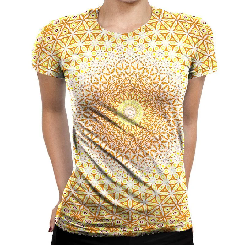 Abstract Flower Yellow Womens T-Shirt Silk Blend Satin Velvet