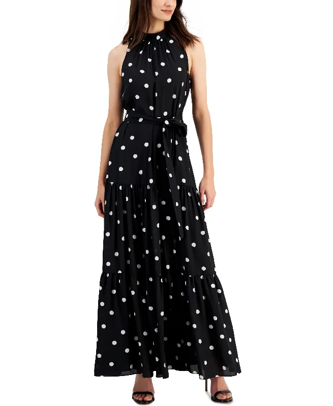 Anne Klein Petite Polka Dot Tiered Maxi Dress Trendy Off-Shoulder Ruffle Maxi Dress