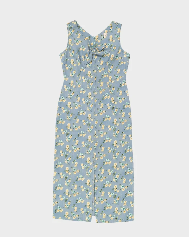 Blue With Yellow Flowers Maxi Dress - L Fashionable Faux Wrap Maxi Dress