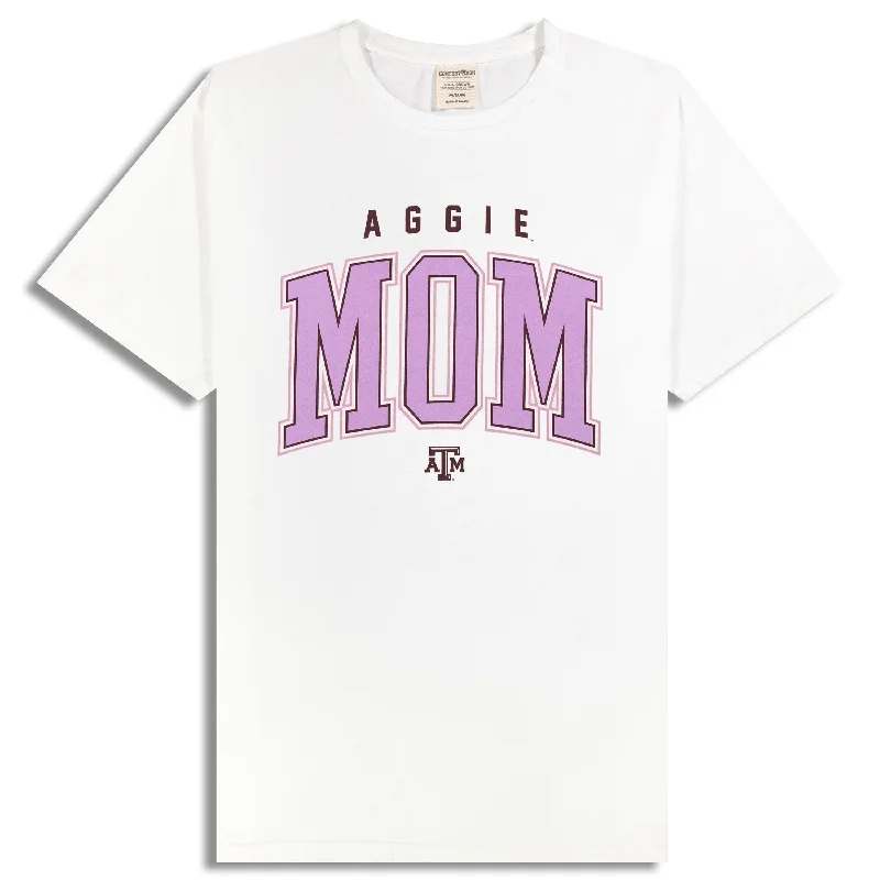 Texas A&M Bold Pink Aggie Mom White T-Shirt Nylon Fabric Polyester Fabric Spandex Fabric