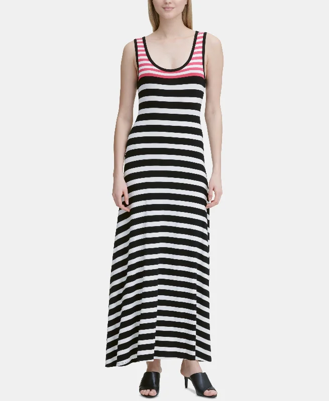 Calvin Klein Sleeveless Striped Maxi Dress Trendy Off-Shoulder Ruffle Maxi Dress