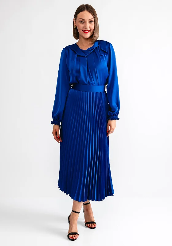 Camelot Satin Pleated Maxi Dress, Royal Blue Stylish Boho Maxi Dress