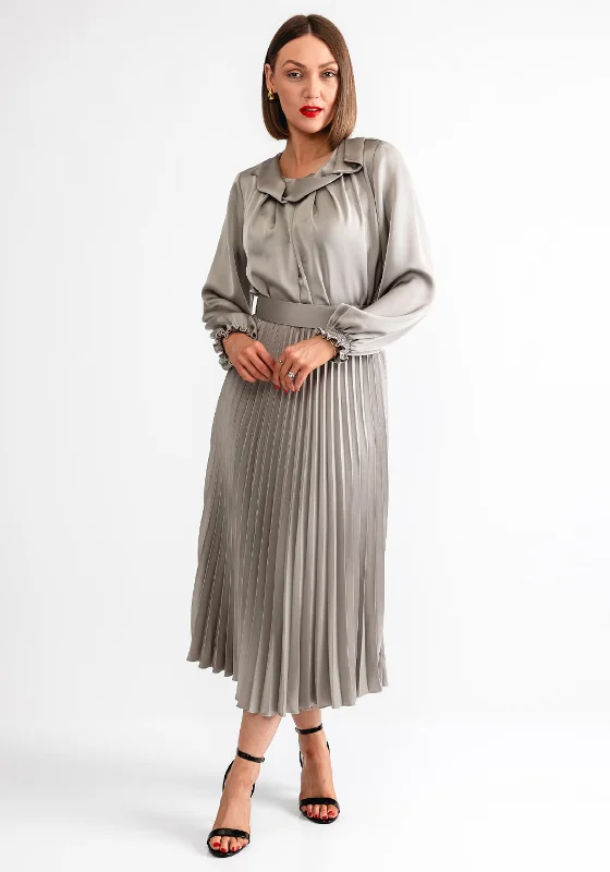 Camelot Satin Pleated Maxi Dress, Silver Elegant Tiered Maxi Dress