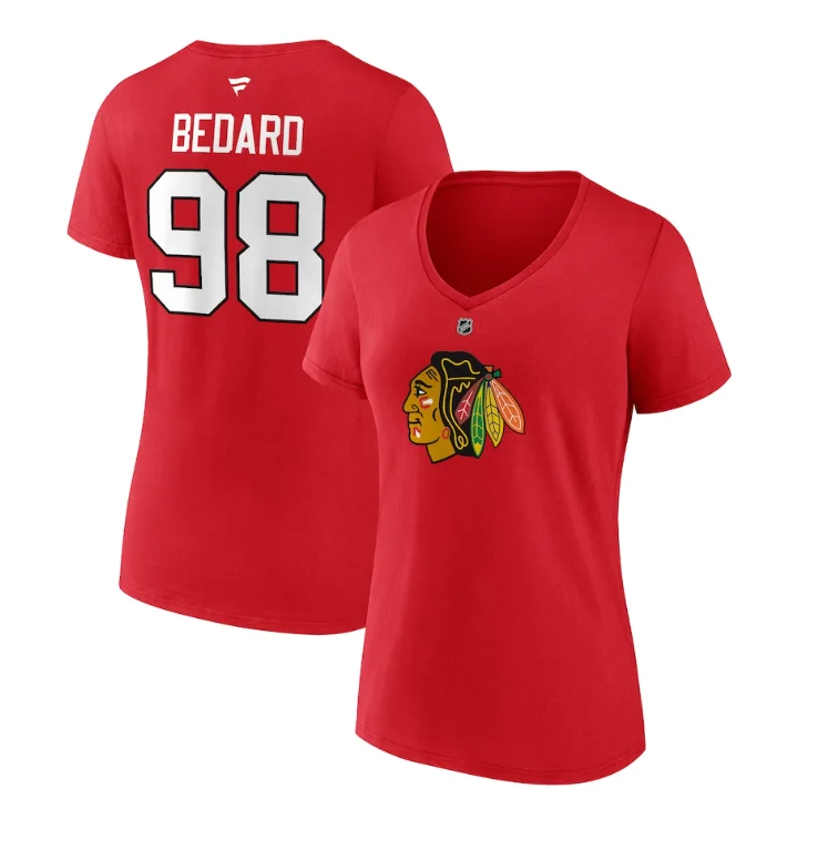 Connor Bedard Chicago Blackhawks Fanatics Women's 2023 NHL Draft Authentic & Number V-Neck T-Shirt - Red Satin Fabric Silk Fabric Chiffon Fabric