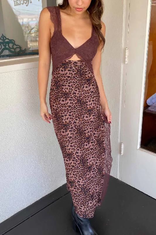 Leopard Print Lace Maxi Dress Cozy Open-Back Maxi Dress