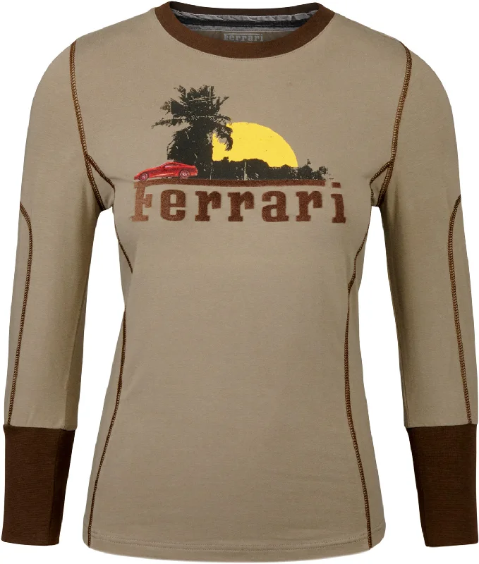 T-SHIRT Ferrari 599 GTB Fiorano Khaki Green Longsleeve NEW! Ladies Womens' M Notch Collar Peter Pan Collar Cowl Neck