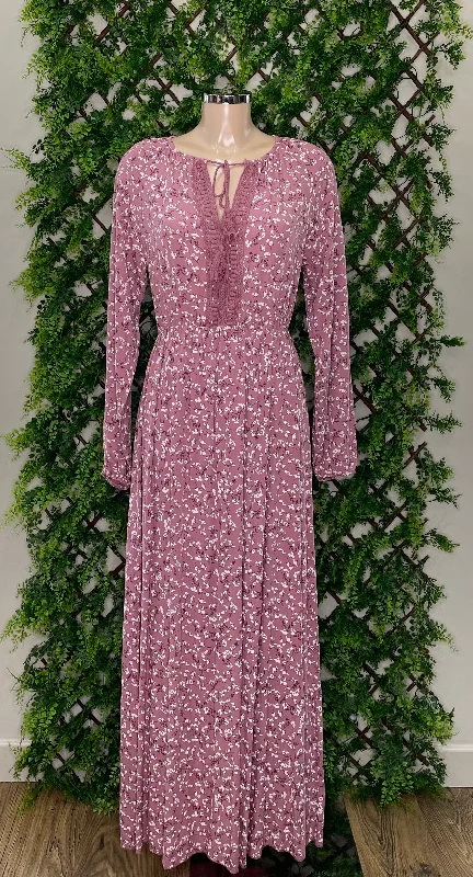 Floral Print Long Sleeve Crochet Neck Maxi Dress Elegant Maxi Dress with Belt