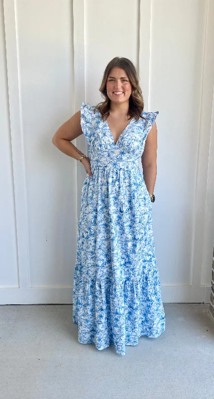 French Blue Maxi Dress Trendy Floral Print Maxi Dress