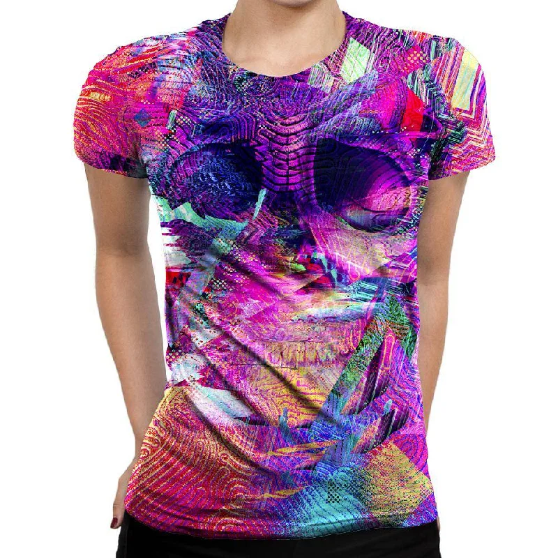 Glitch Skull Womens T-Shirt Striped Floral Plaid