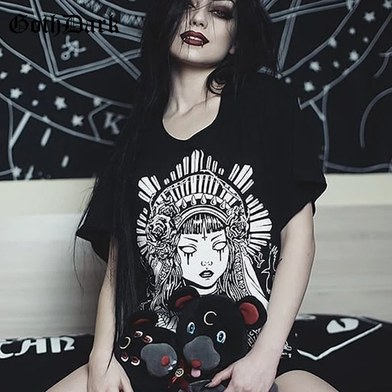 Goth Dark Grunge Black Print T-shirts Gothic Loose Punk Harajuku Streetwear Summer 2019 T-shirt Female Fashion Aesthetic T shirt Graphic T-Shirt Round Neck Polyester