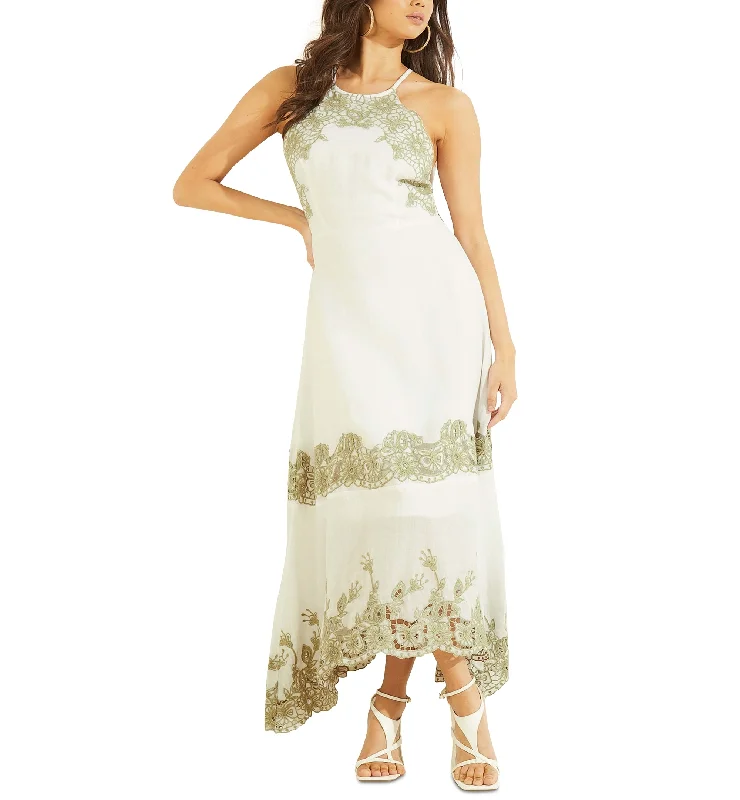 Guess Womens Alana Embroidered Halter Maxi Dress Trendy Maxi Dress with Belt