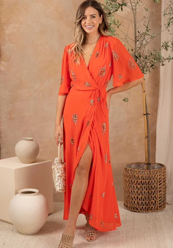 Hope & Ivy The Alana Beaded Wrap Maxi Dress, Orange Cozy Maxi Dress with Slit