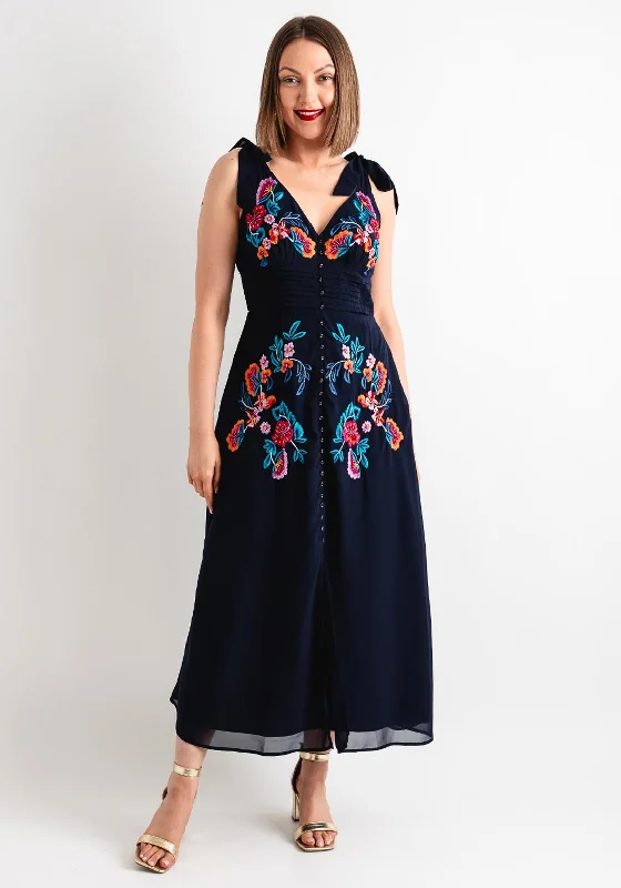 Hope & Ivy The Monique Tie Shoulder Maxi Dress, Navy Cozy Ruffle Sleeve Maxi Dress