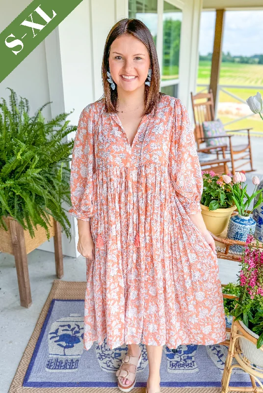 The Gardenia Floral Maxi Dress in Coral Elegant Lace-Up Maxi Dress