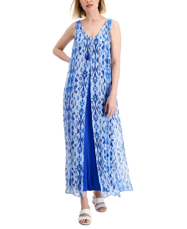 JM Collection Womens Printed Chiffon Overlay Maxi Dress Elegant Maxi Dress with Lace