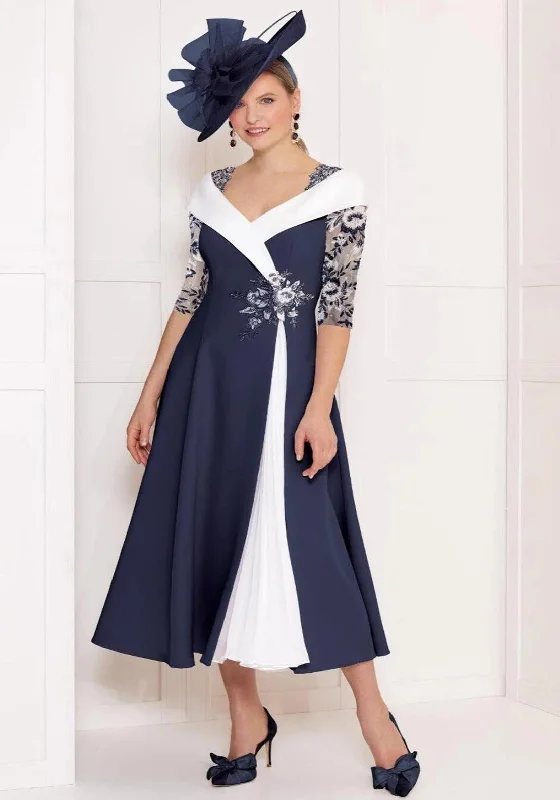 John Charles Contrast Plisse Detail Maxi Dress, Navy & Ivory Fashionable Button-Down Maxi Dress