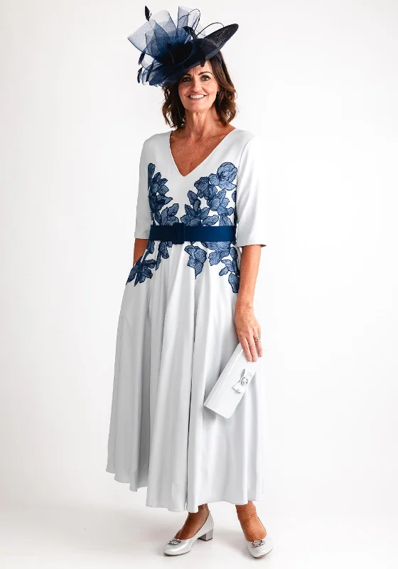 John Charles Floral Waist A-Line Maxi Dress, Silver & Navy Elegant Boho Maxi Dress