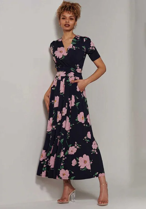 Jolie Moi Kenzie Wrap Jersey Maxi Dress, Navy Floral Comfortable Flowy Maxi Dress