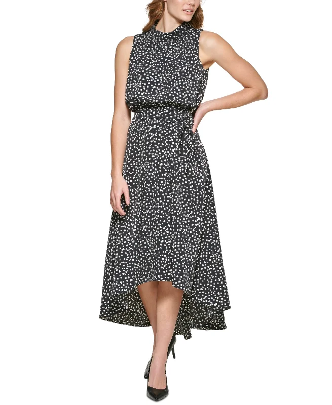 Karl Lagerfeld Paris Printed Mock Neck Maxi Dress Stylish Pleated A-Line Maxi Dress