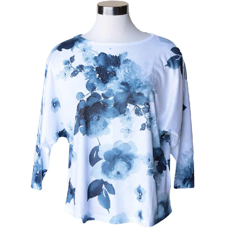 Keren Hart Women's Floral 3/4 Sleeve T-shirt with Rhinestones Thin T-Shirt Open Front Quick Dry Keren Hart Women's Floral 3/4 Sleeve T-shirt with Rhinestones Thin T-Shirt Open Front Quick Dry