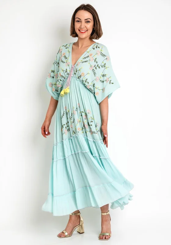 Seventy1 One Size Floral Embroidered Maxi Dress, Duck Egg Elegant Maxi Dress with Belt